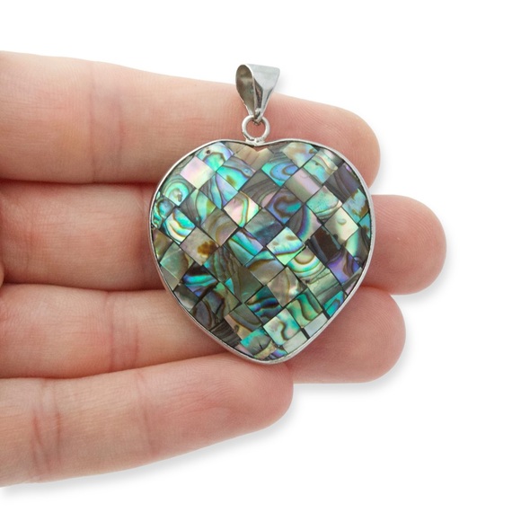 Abalone Shell Puffed Heart Necklace Pendant Checkerboard Inlay Silver Tone - Picture 3 of 3
